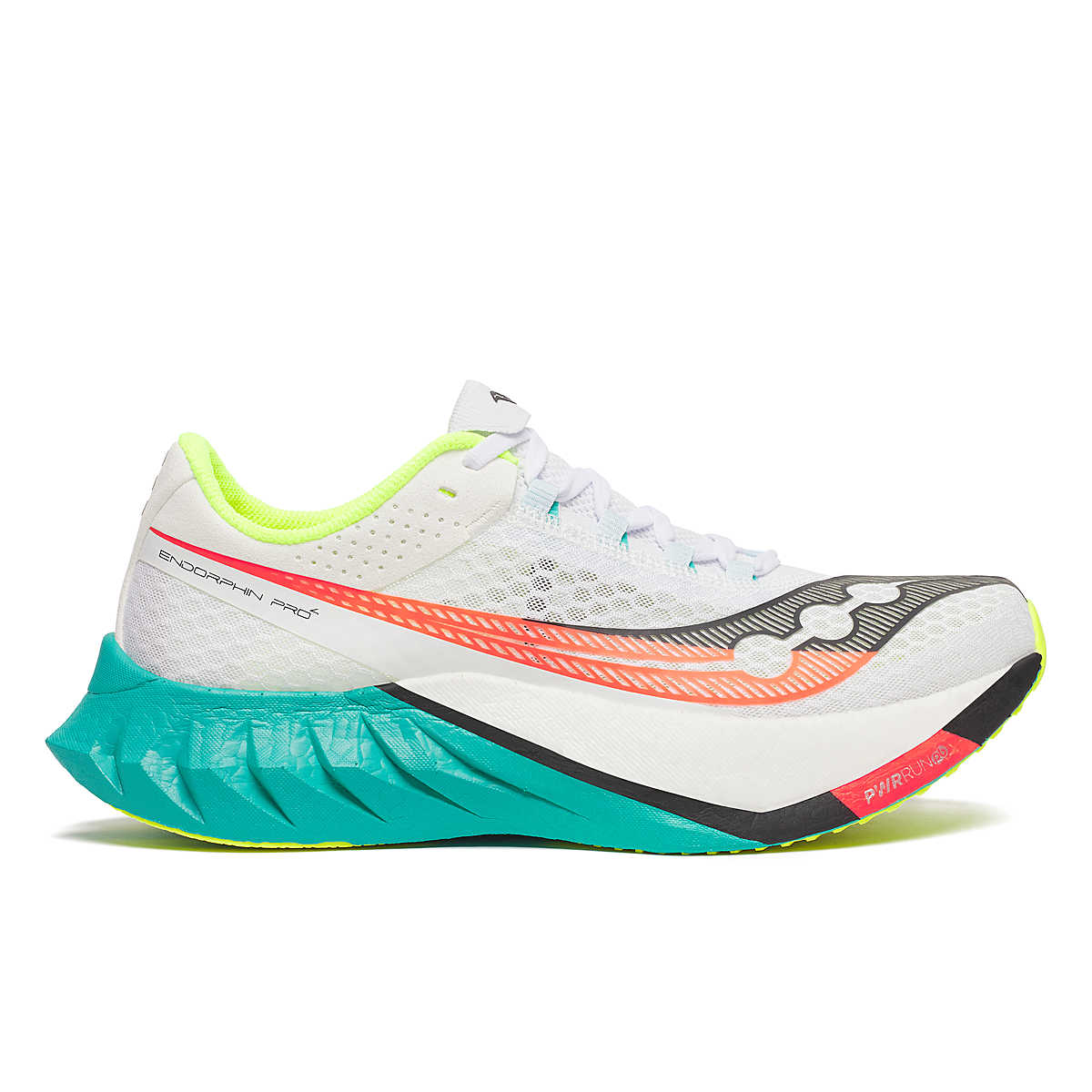 Side view on white background of Mens Saucony Endorphin Pro 4 running shoe in White/Mutant, Medium (Regular) width
