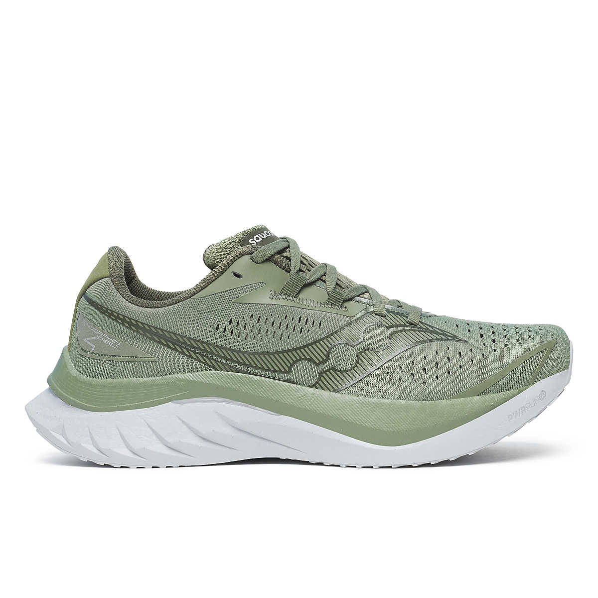 Side view on white background of Mens Saucony Endorphin Speed 4 running shoe in Olivine, Medium (Regular) width