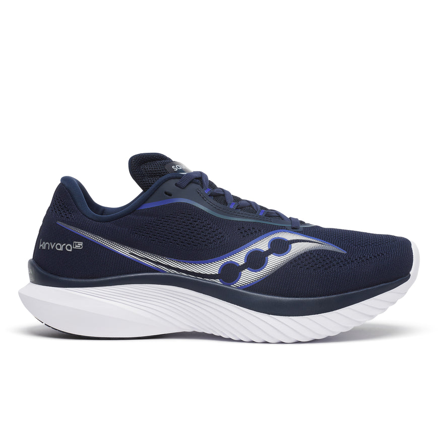 Side view on white background of Mens Saucony Kinvara 15 running shoe in Navy and White, Medium width