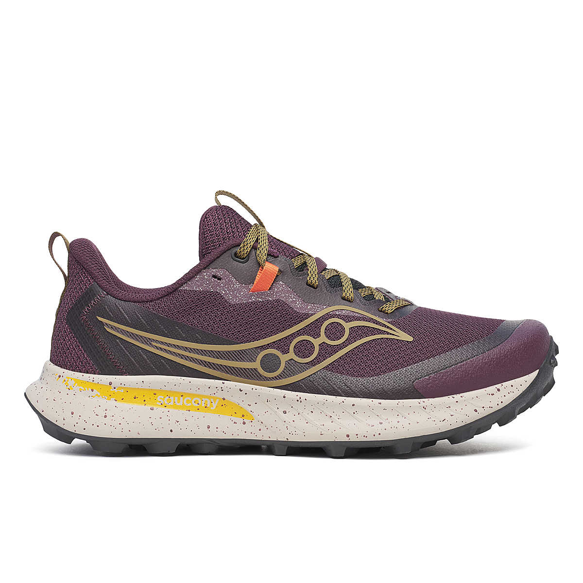 Side view on white background of Mens Saucony Peregrine 15 running shoe in Wine/Kodiak, Medium (Regular) width