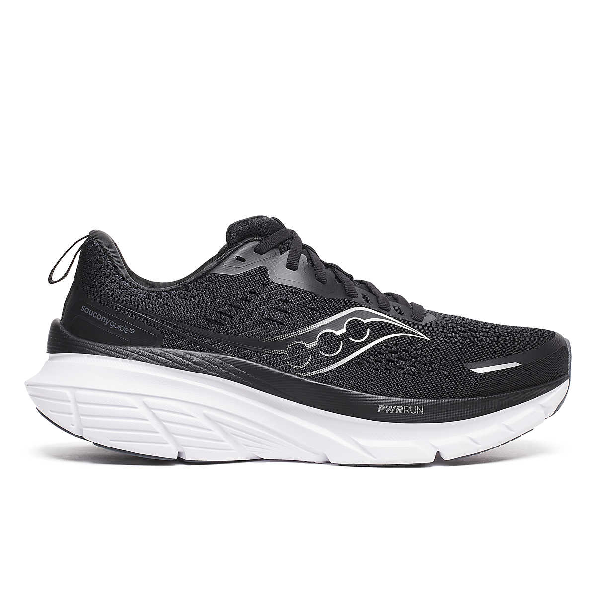 Side view on white background of Mens Saucony Guide 18 running shoe in Black/White, Wide width