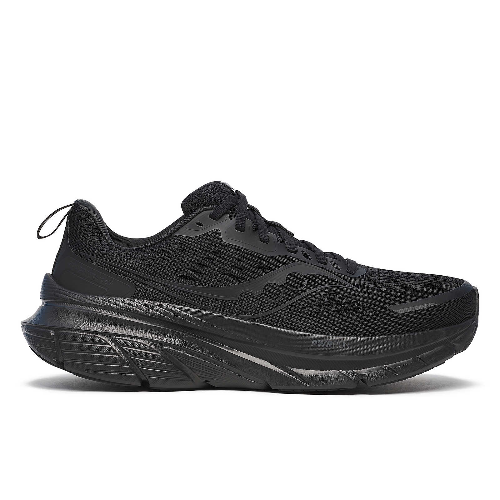 Side view on white background of Mens Saucony Guide 18 running shoe in Triple Black, Medium (Regular) width