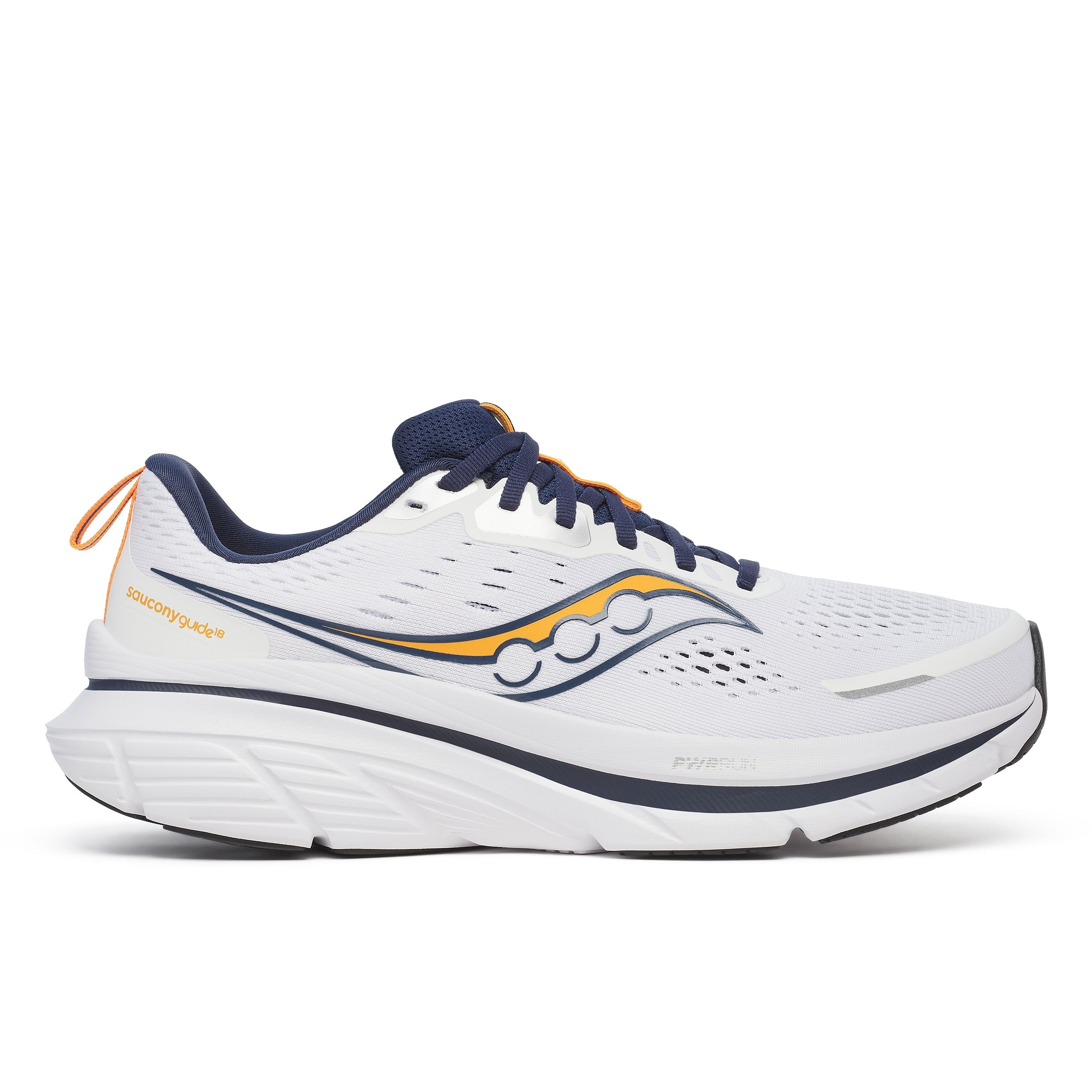 Side view on white background of Mens Saucony Guide 18 running shoe in White/Navy, Wide width