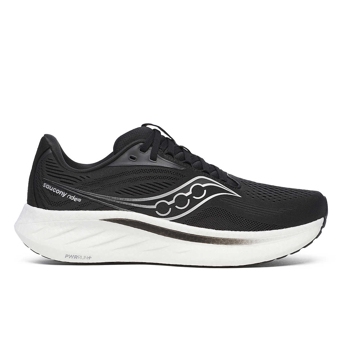Side view on white background of Men's Saucony Ride 18 running shoe in Black/White, Wide width