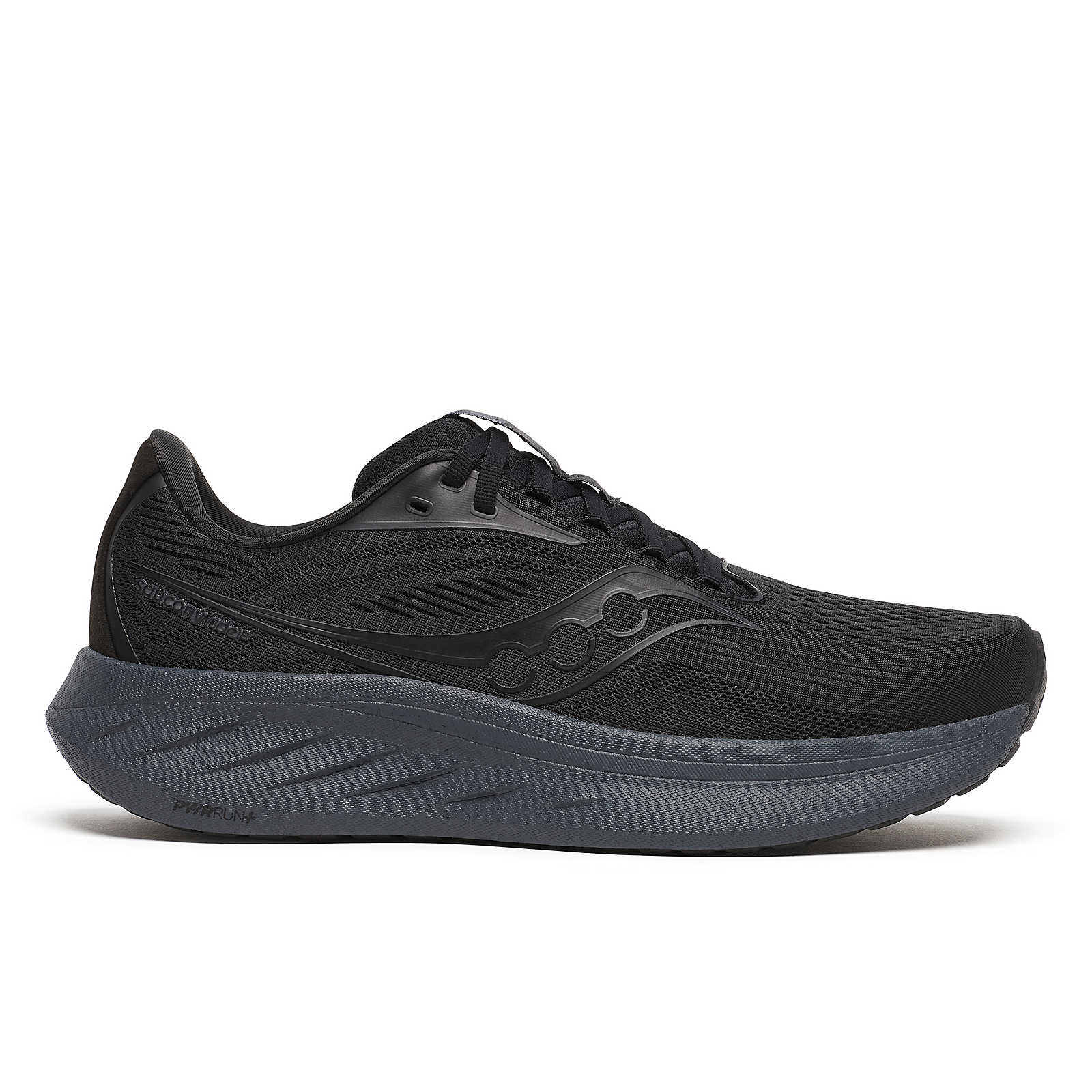 Side view on white background of Mens Saucony Ride 18 running shoe in Black/Shadow, Medium (Regular) width
