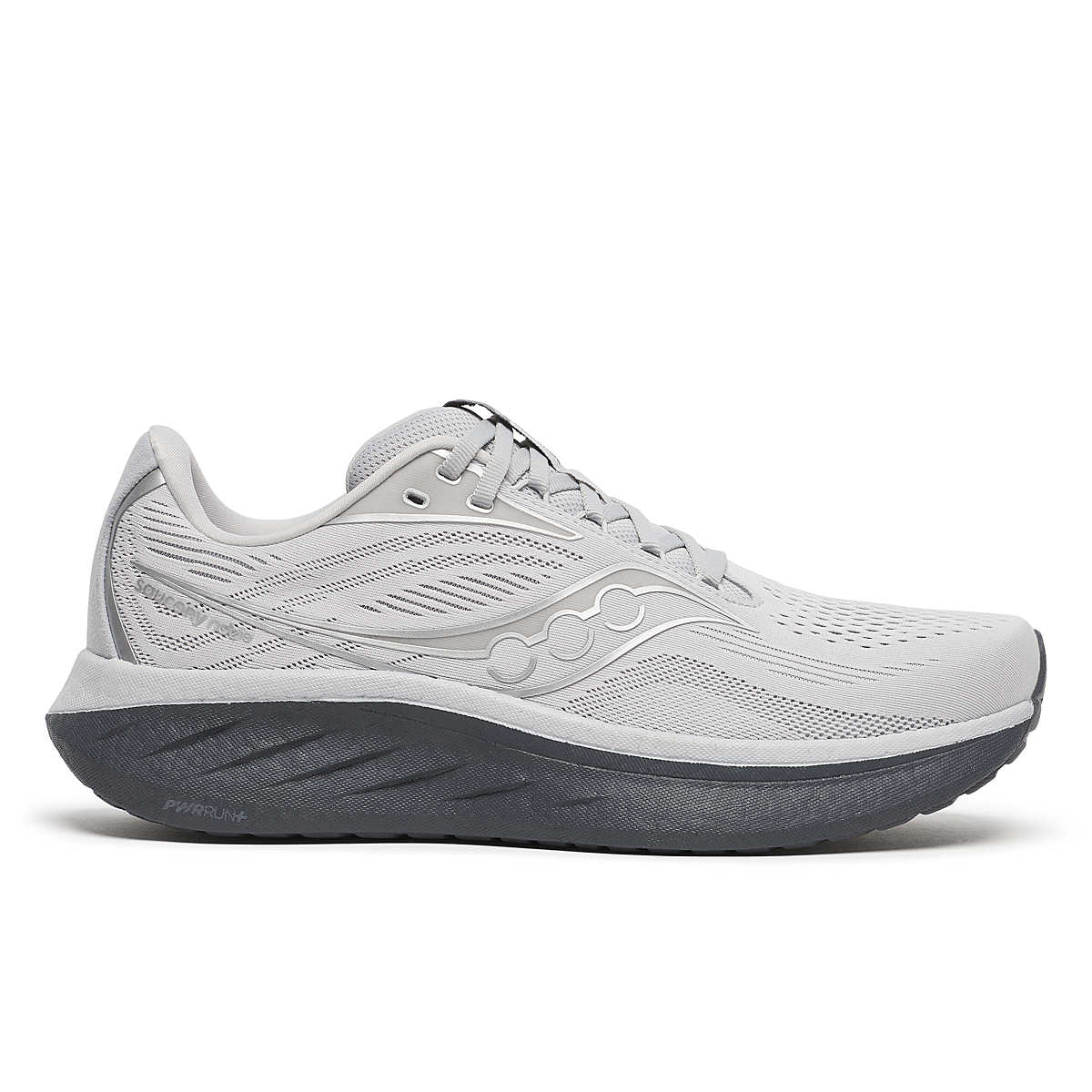 Side view on white background of Mens Saucony Ride 18 running shoe in Cloud/Shadow, Medium (Regular) width