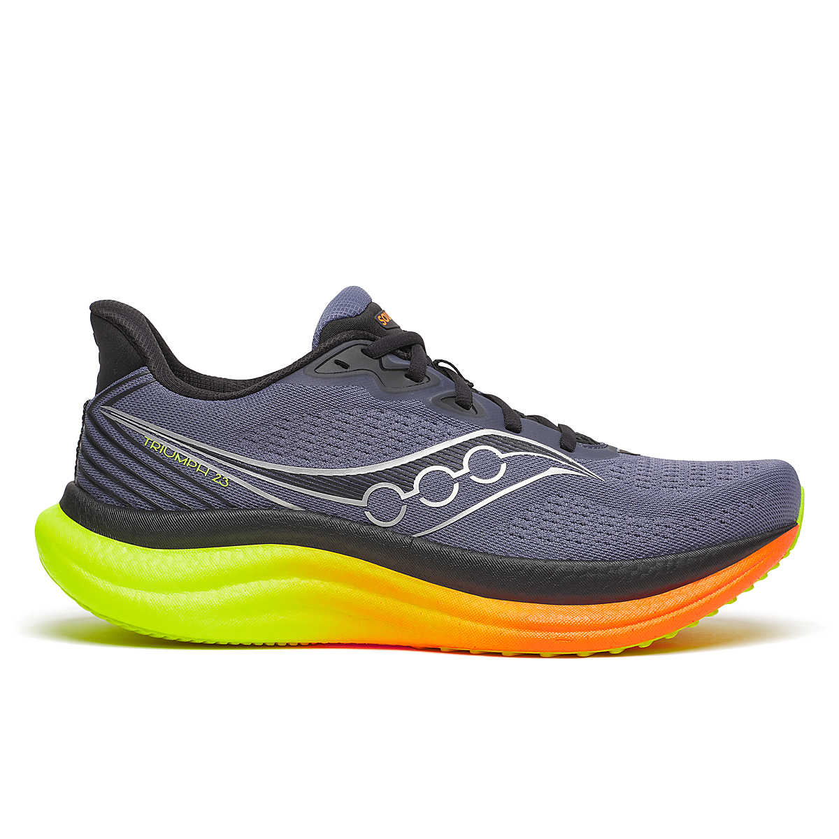 Side view on white background of Mens Saucony Triumph 23 running shoe in Shadow/Vizi, Medium (Regular) width