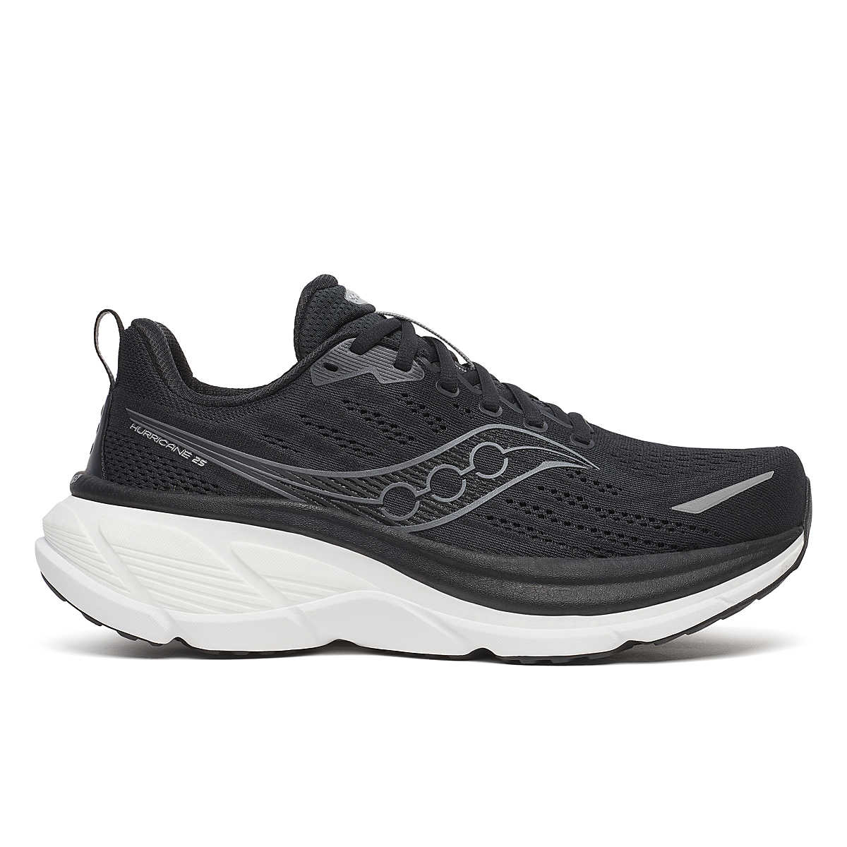 Side view on white background of Mens Saucony Hurricane 25 running shoe in Black/White, Wide width