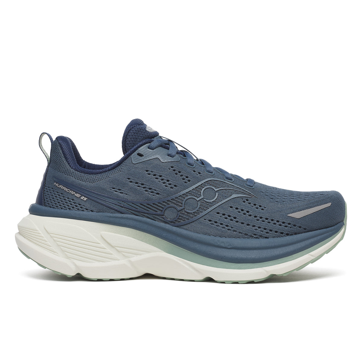 Side view on white background of Mens Saucony Hurricane 25 running shoe in Dusk/Iceberg, Wide width
