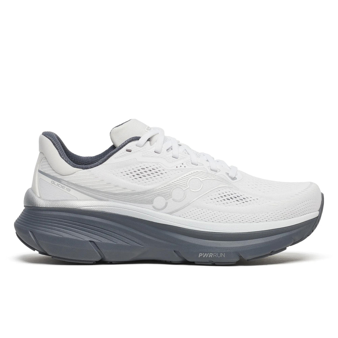 Side view on white background of Mens Saucony Guide 19 running shoe in White/Shadow, Medium (Regular) width