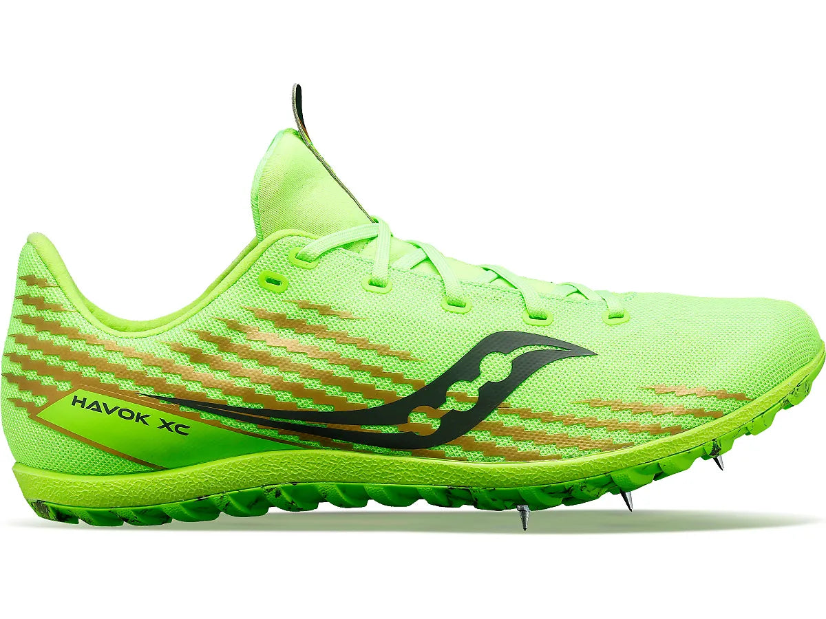 Side view on white background of Mens Saucony Havok XC 3 running shoe in Slime, Medium (Regular) width
