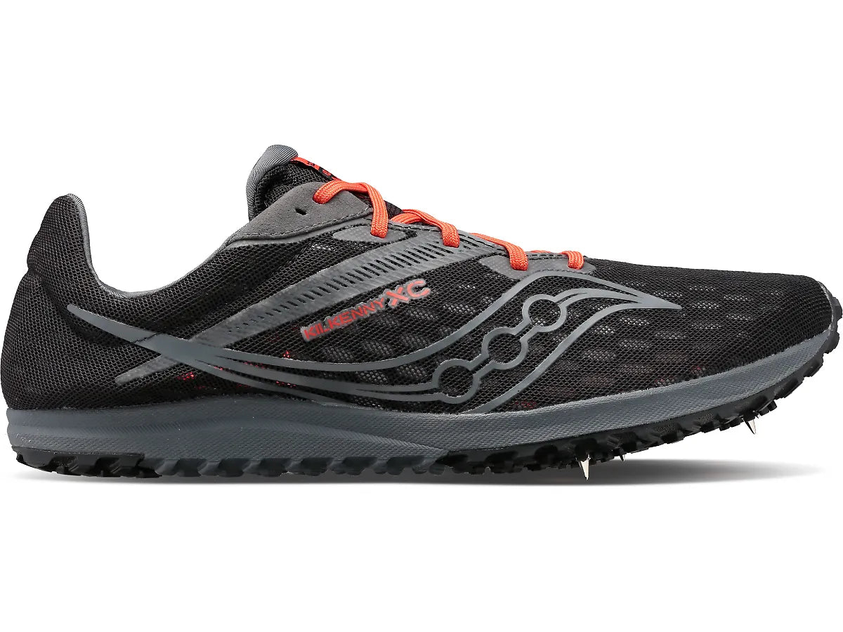 Side view on white background of Mens Saucony Kilkenny XC 9 running shoe in Black/Shadow, Medium (Regular) width