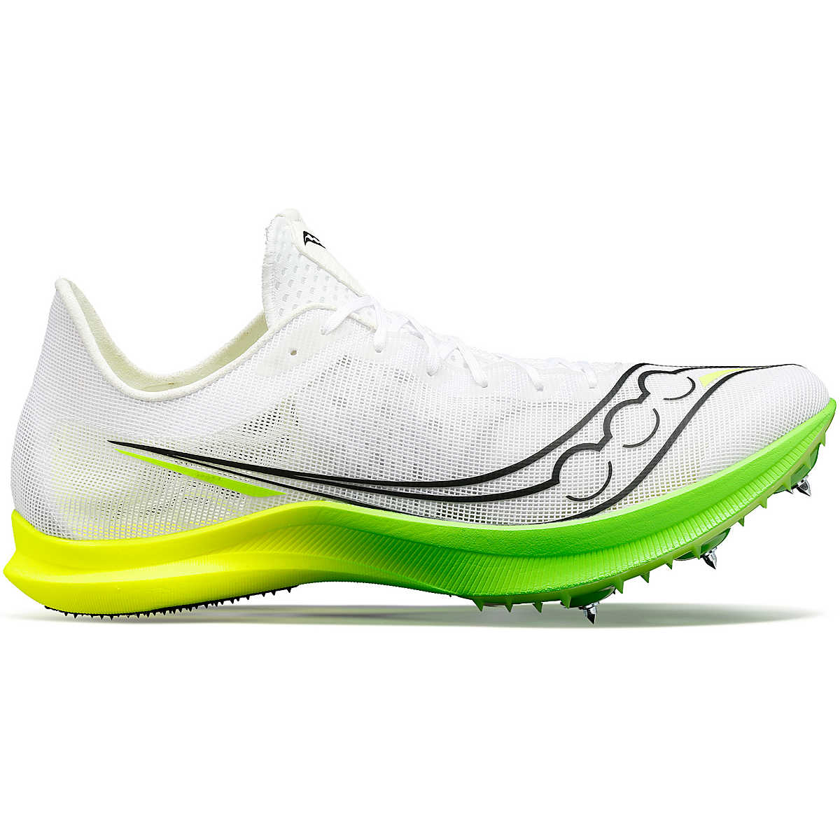 Side view on white background of Womens Saucony Endorphin Cheetah running shoe in White/Slime, Medium (Regular) width
