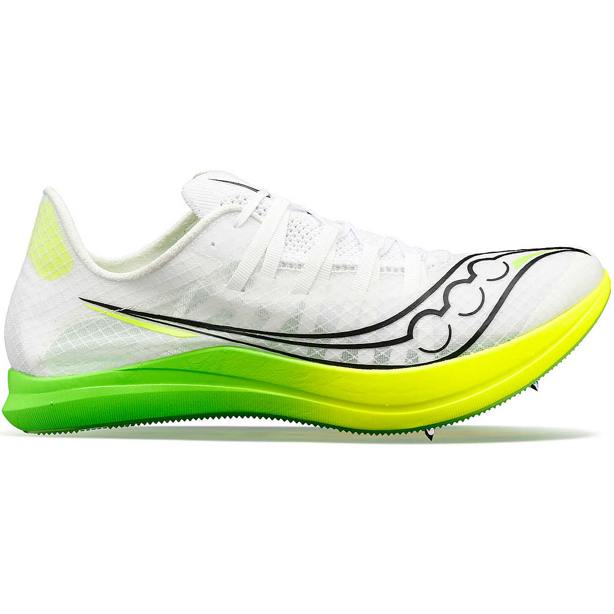 Side view on white background of Womens Saucony Terminal VT running shoe in White/Slime, Medium (Regular) width