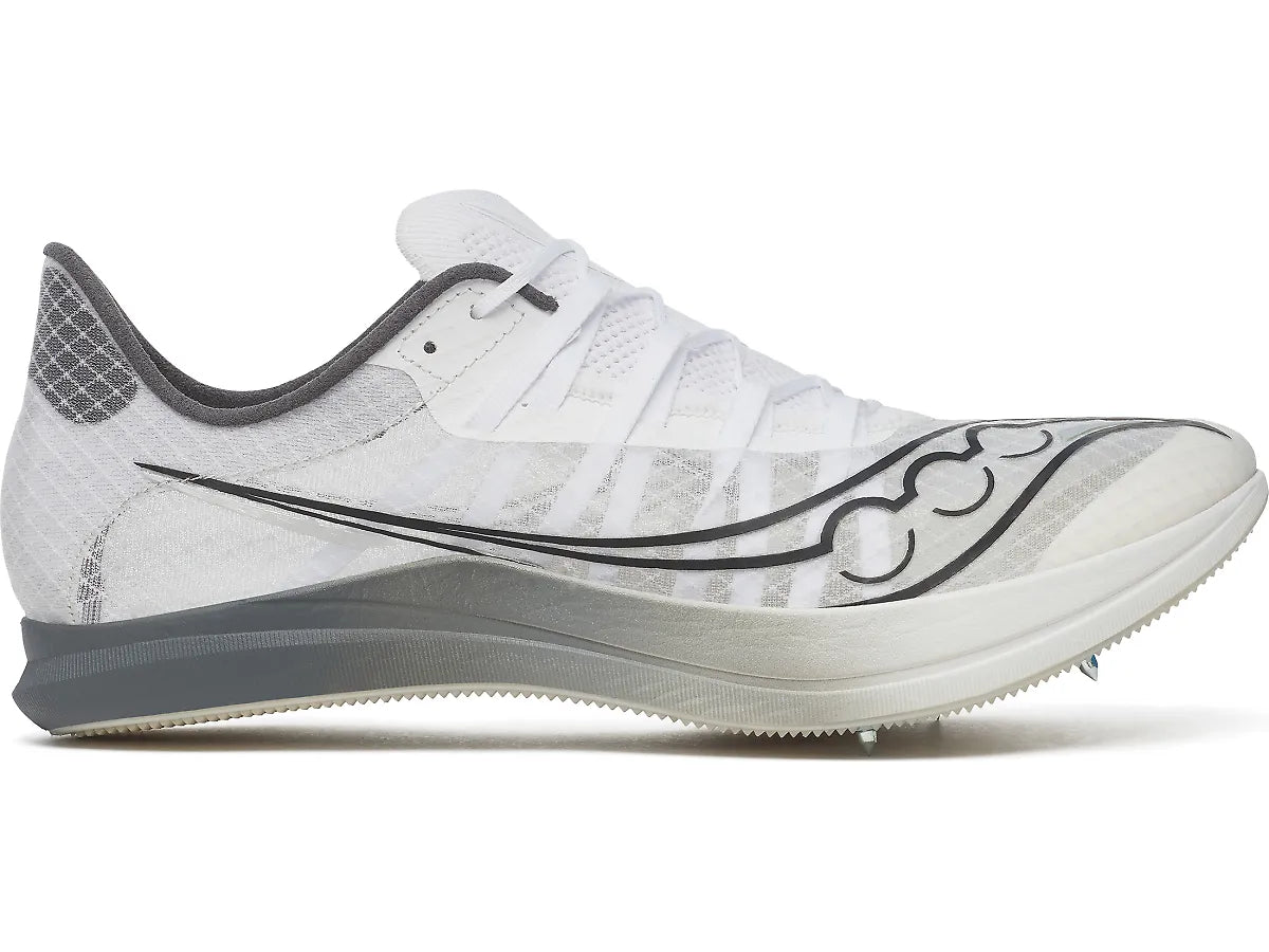 Side view on white background of Mens Saucony Terminal VT running shoe in White/Carbon, Medium (Regular) width