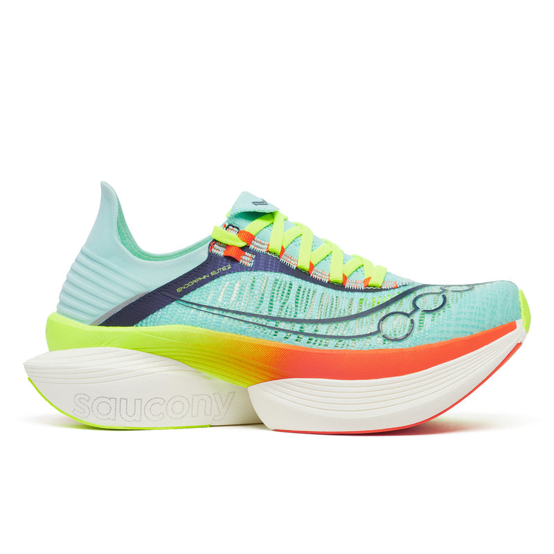 Side view on white background of Mens Saucony Endorphin Elite 2 running shoe in Splash/Fire, Medium (Regular) width