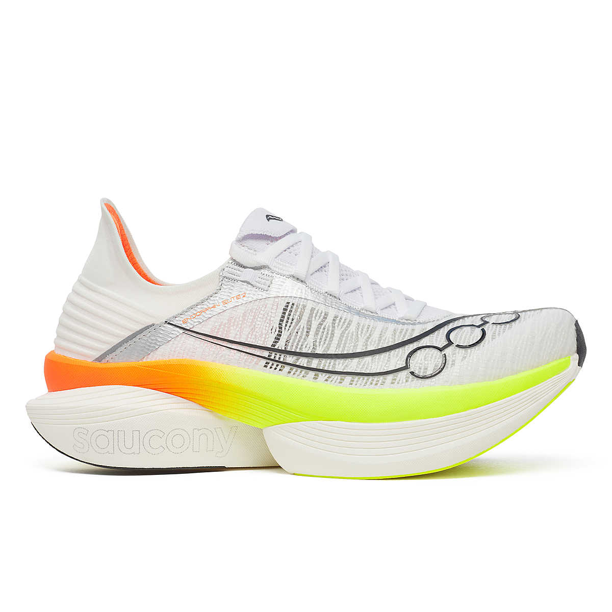 Side view on white background of Mens Saucony Endorphin Elite 2 running shoe in White/Peel, Medium (Regular) width