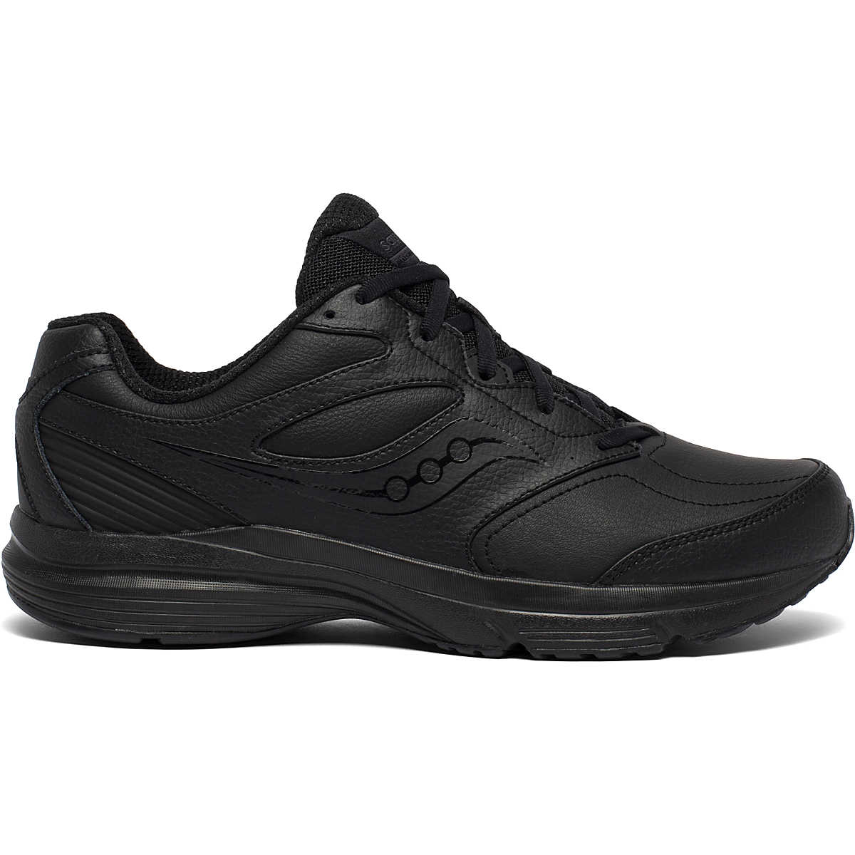 Side view on white background of Mens Saucony Integrity Walker 3 running shoe in Black, Medium (Regular) width