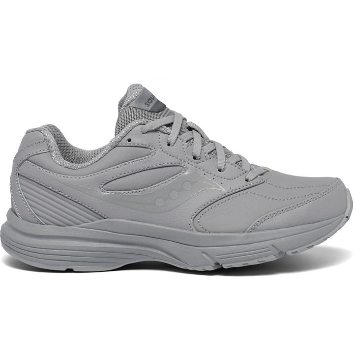 Side view on white background of Womens Saucony Integrity Walker 3 running shoe in Grey, Medium (Regular) width