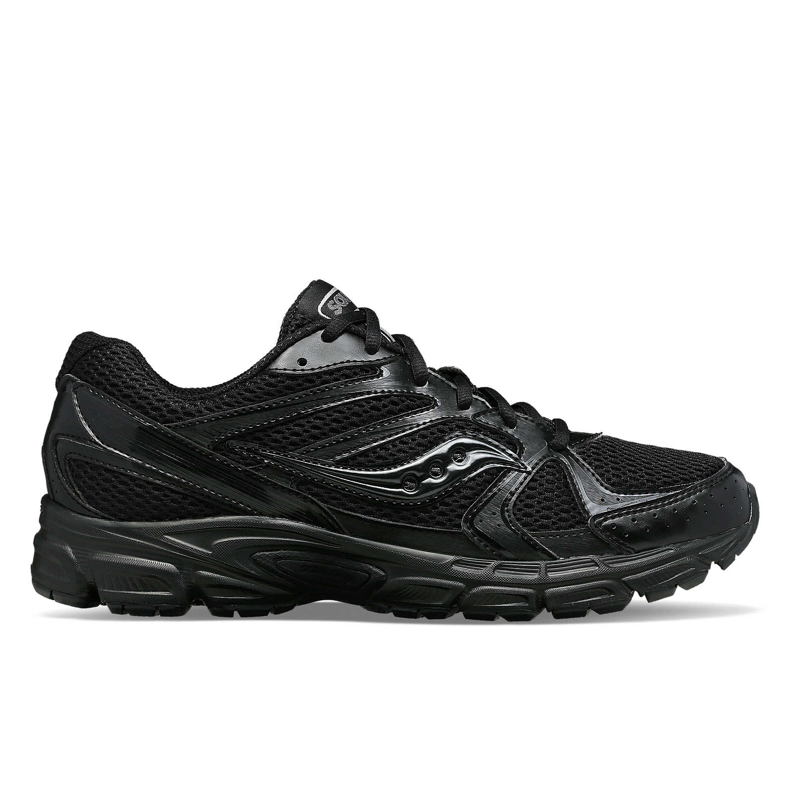 Side view on white background of Mens Saucony Ride Millennium running shoe in Black, Medium (Regular) width
