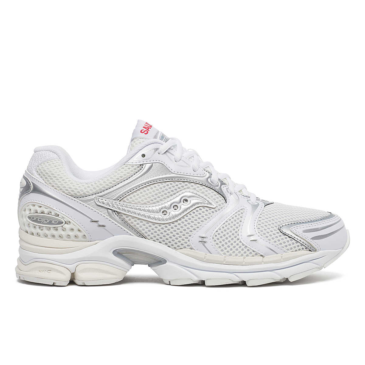 Side view on white background of Womens Saucony Progrid Triumph 4 running shoe in White/Silver, Medium (Regular) width
