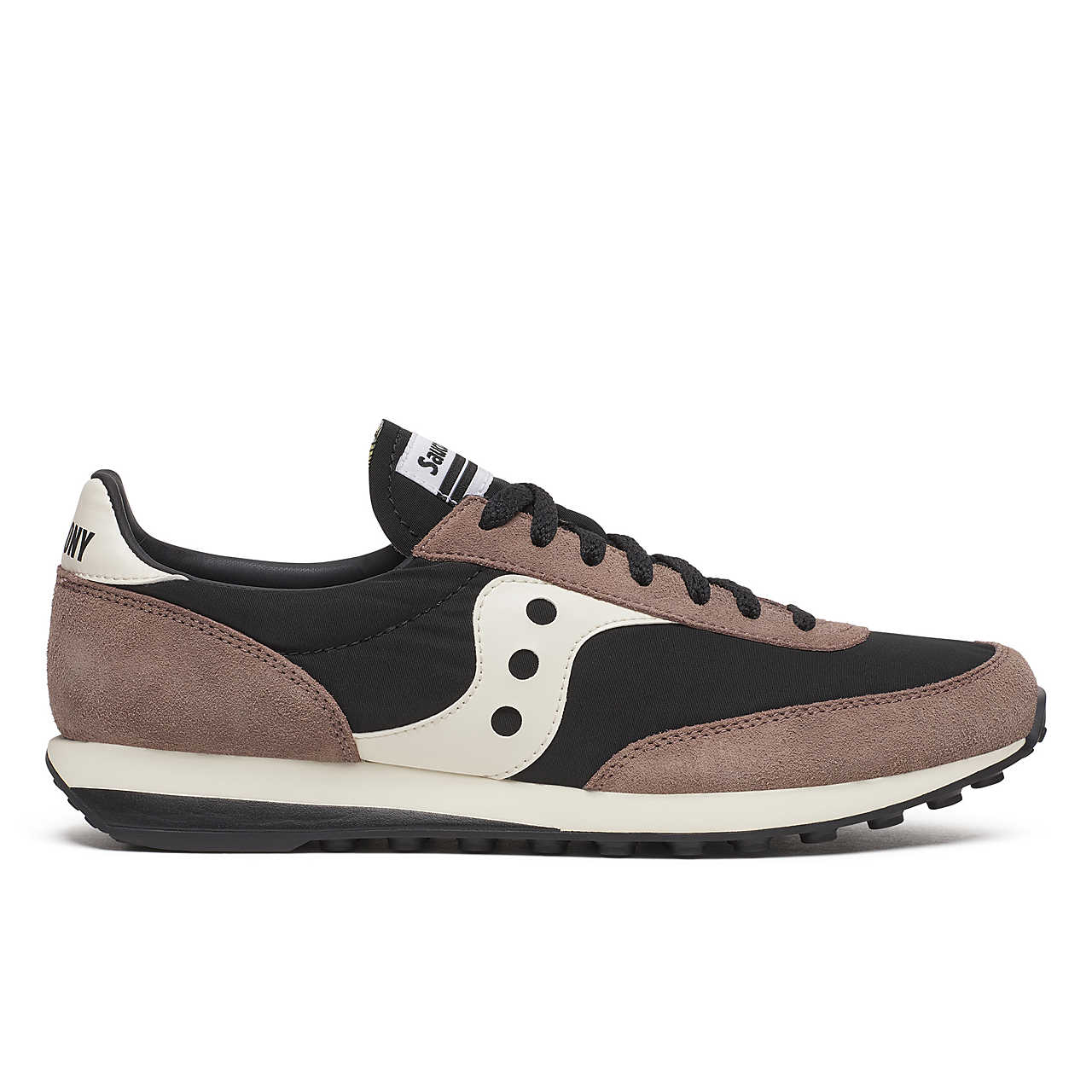 Side view on white background of Womens Saucony Trainer 80 running shoe in Black/Tan, Medium (Regular) width