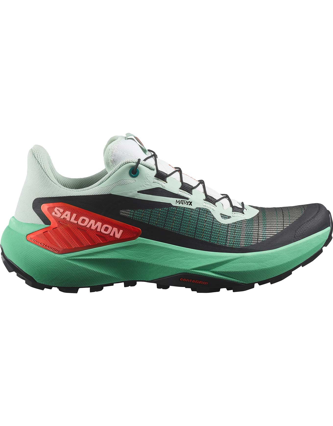 Side view on white background of Womens Salomon Genesis running shoe in Bay/Electric Green/Cherry Tomato, Medium (Regular) width