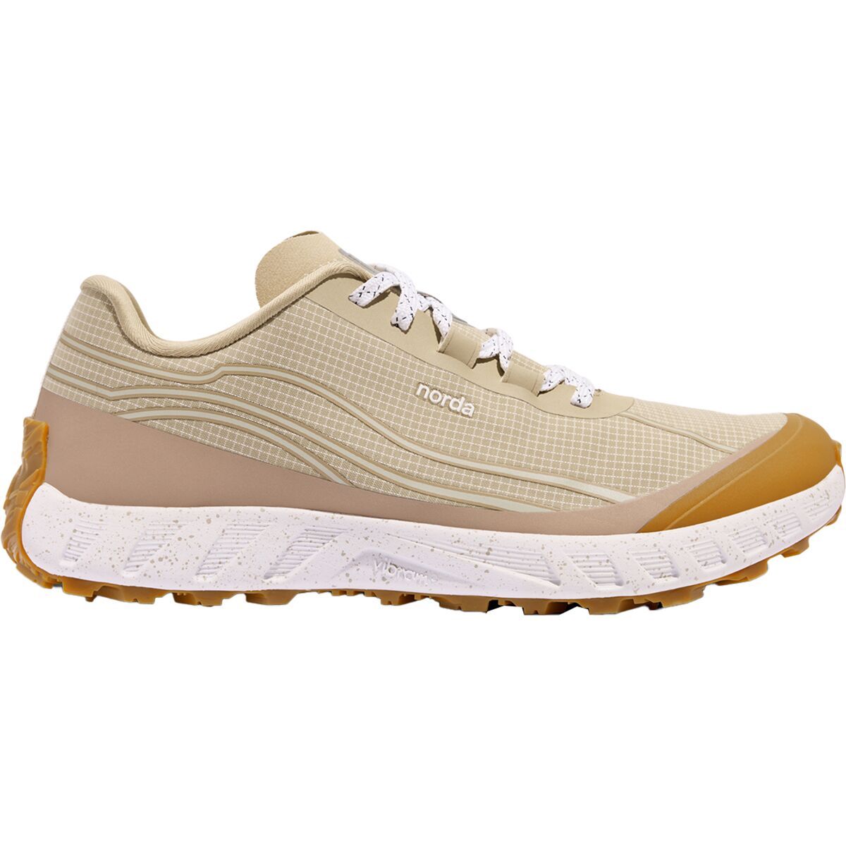 Side view on white background of Mens Norda 002 running shoe in Sand, Medium (Regular) width