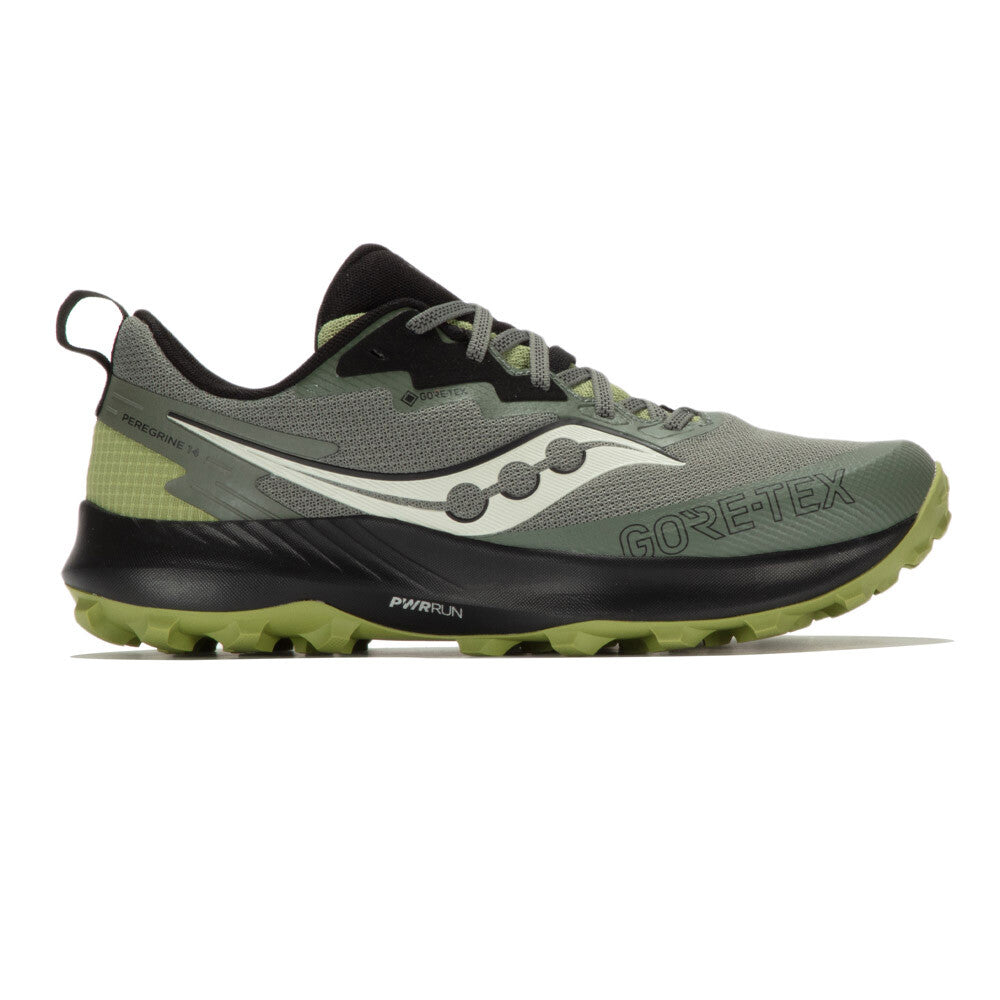 Side view on white background of Mens Saucony Peregrine 14 GTX running shoe in Bough/Olive, Medium (Regular) width