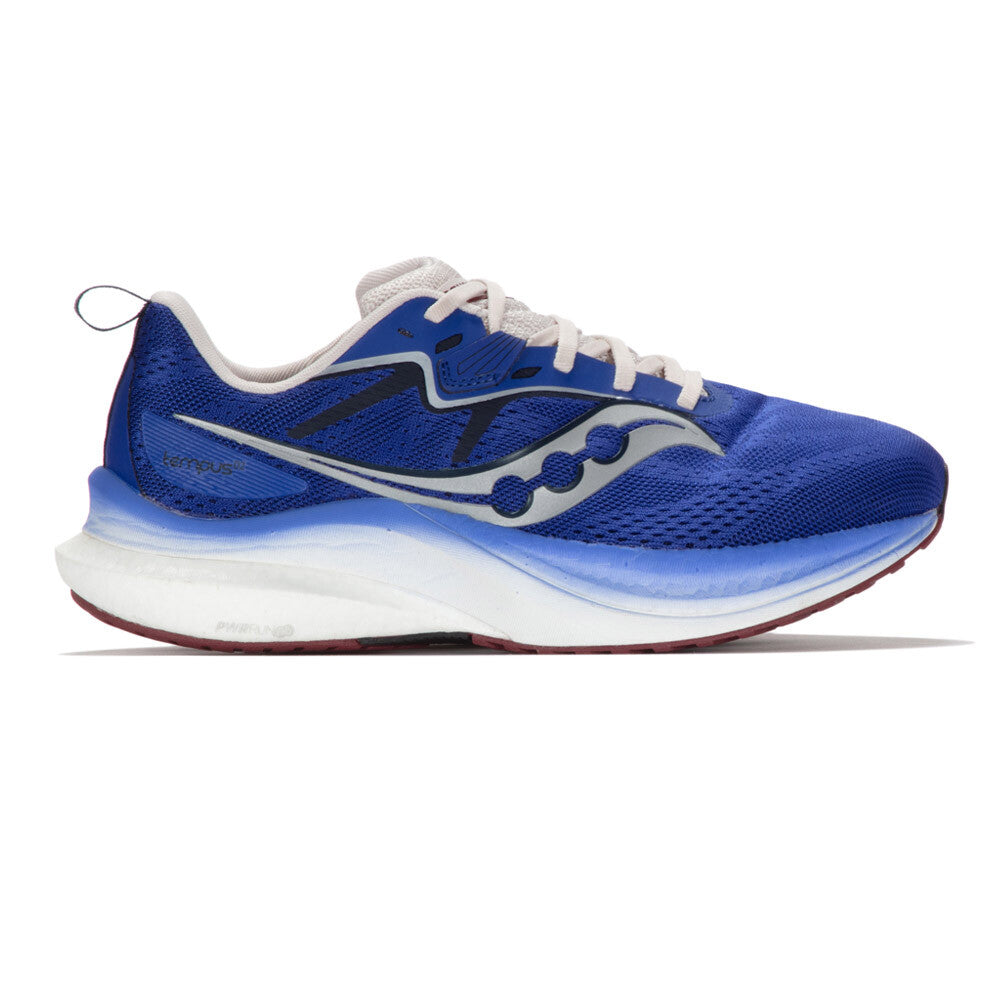 Side view on white background of Mens Saucony Tempus 2 running shoe in Royal/Silver, Medium (Regular) width