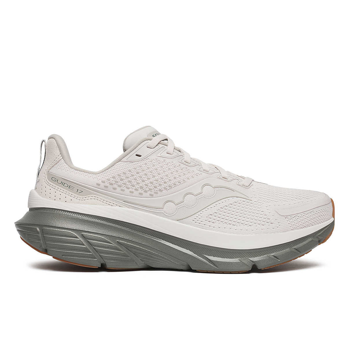 Side view on white background of Mens Saucony Guide 17 running shoe in Moon/Bough, Medium (Regular) width