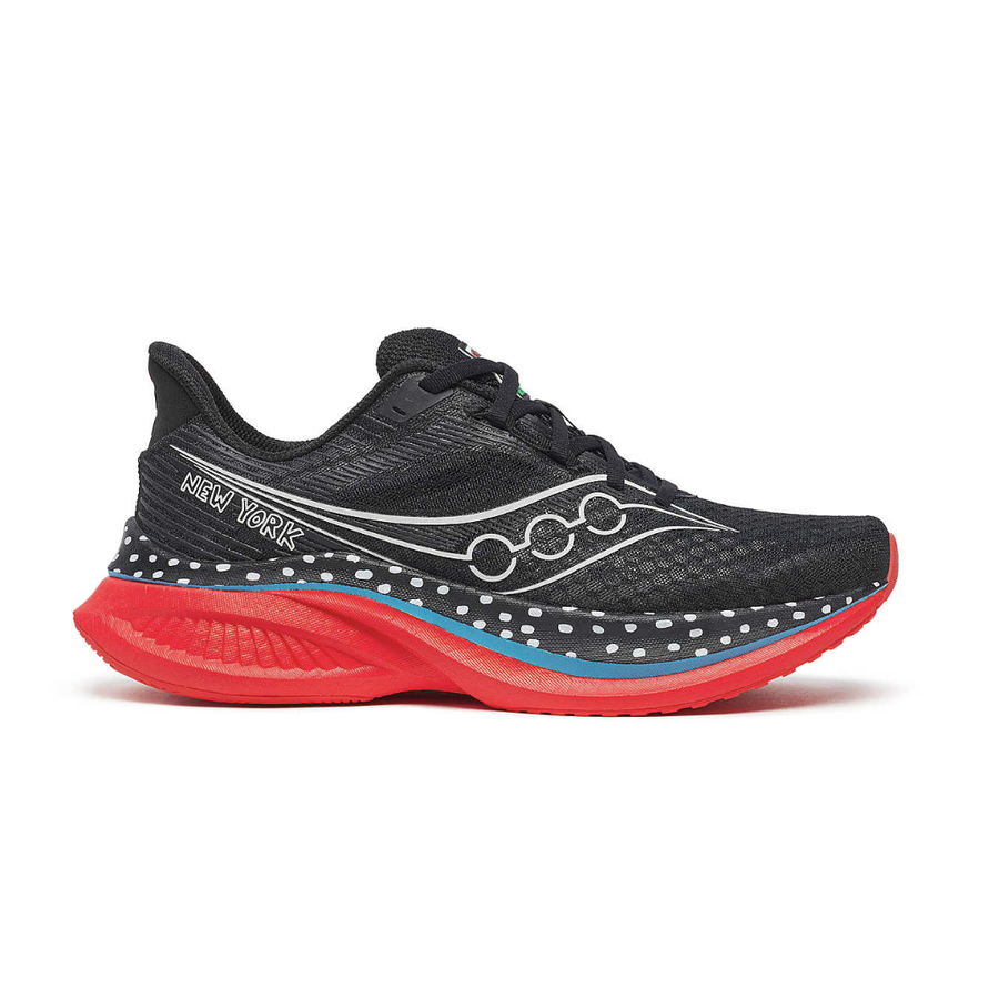 Side view on white background of Womens Saucony Endorphin Speed 5 running shoe in Black/Red, Medium (Regular) width