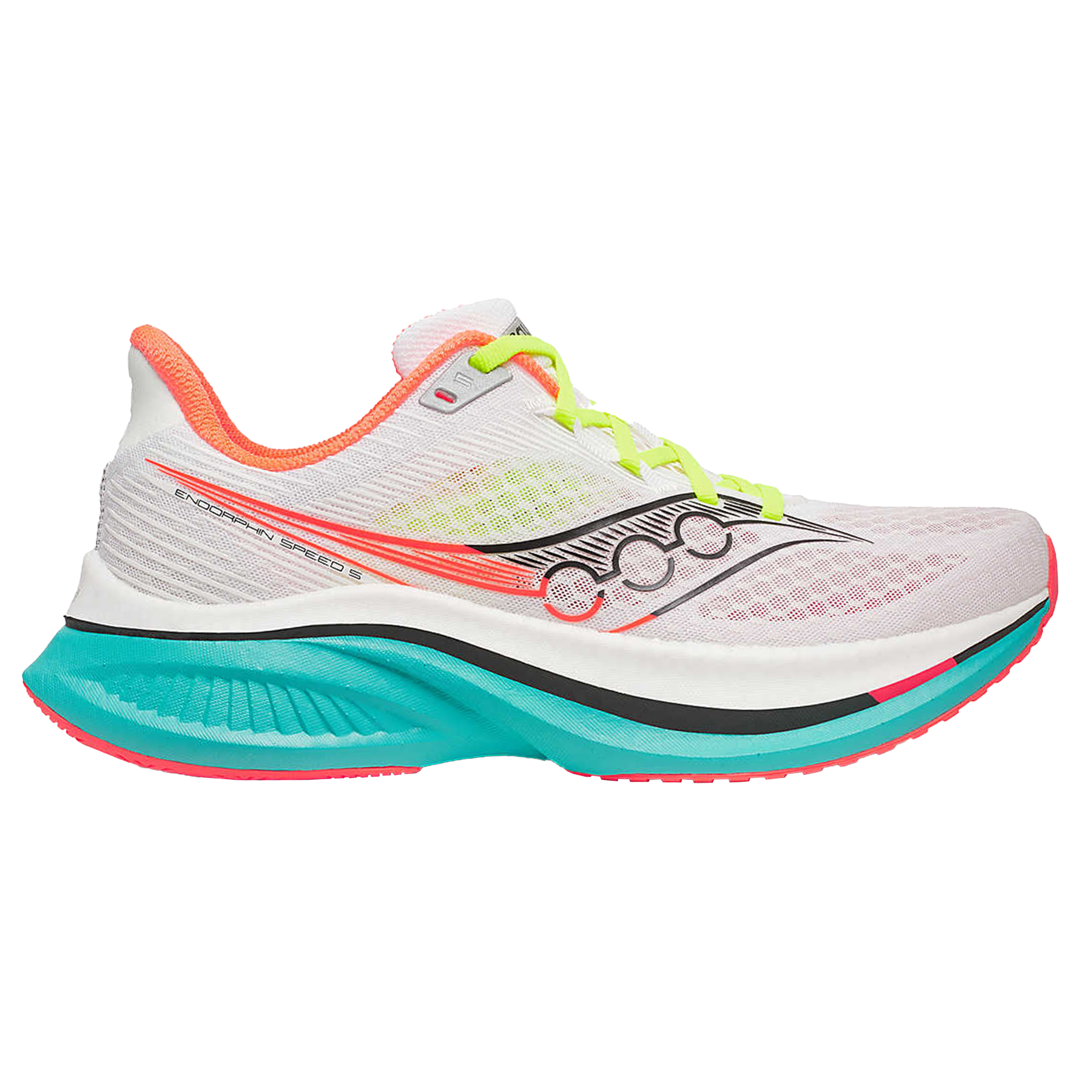 Side view on white background of Womens Saucony Endorphin Trainer running shoe in White/Mutant, Medium (Regular) width
