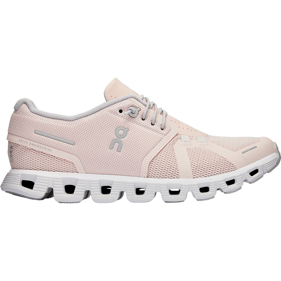 Side view on white background of Womens On Cloud 5 running shoe in Shell/White, Medium (Regular) width