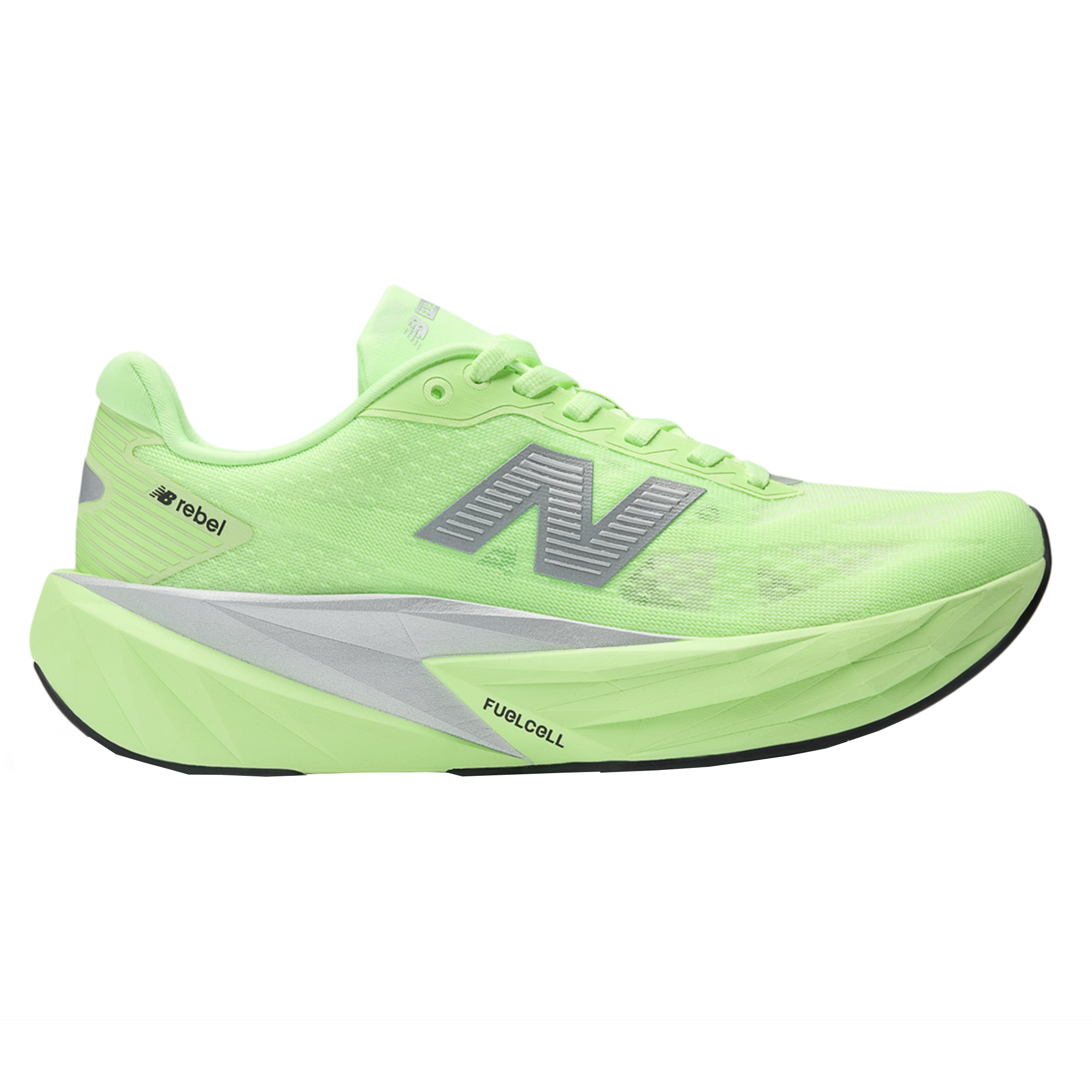 Side view on white background of Mens New Balance FuelCell Rebel v5 running shoe in Mint/Flash/Lab Green/Silver Metallic, Medium (Regular) width