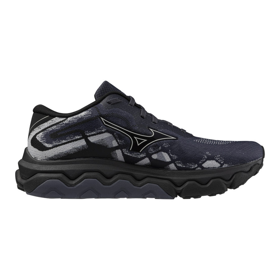 Side view on white background of Mens Mizuno Wave Horizon 7 running shoe in Black/Nimbus Cloud, Medium (Regular) width