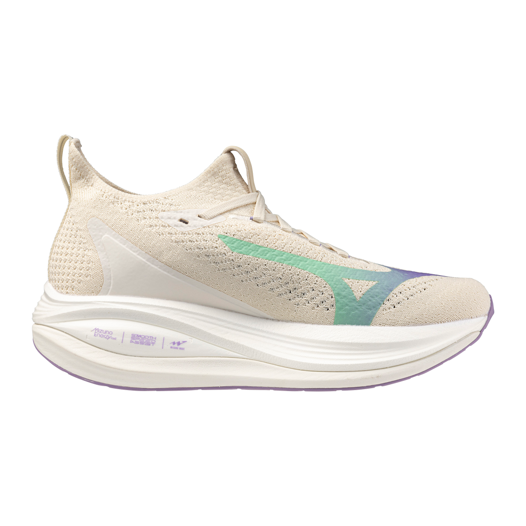 Side view on white background of Womens Mizuno Neo Vista 2 running shoe in Pristine/White, Medium (Regular) width