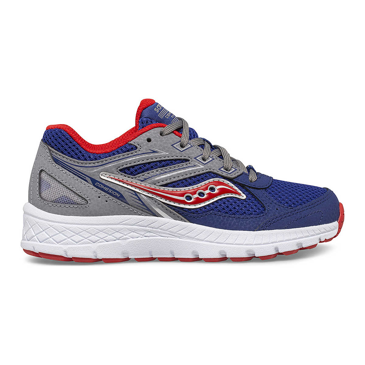 Side view on white background of Kids Saucony Cohesion 14 A/C running shoe in Navy/Red, Medium (Regular) width