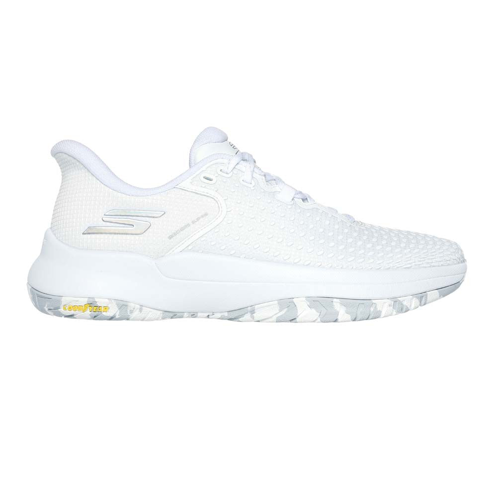 Side view on white background of Womens Skechers Viper Court Elite running shoe in White, Medium (Regular) width