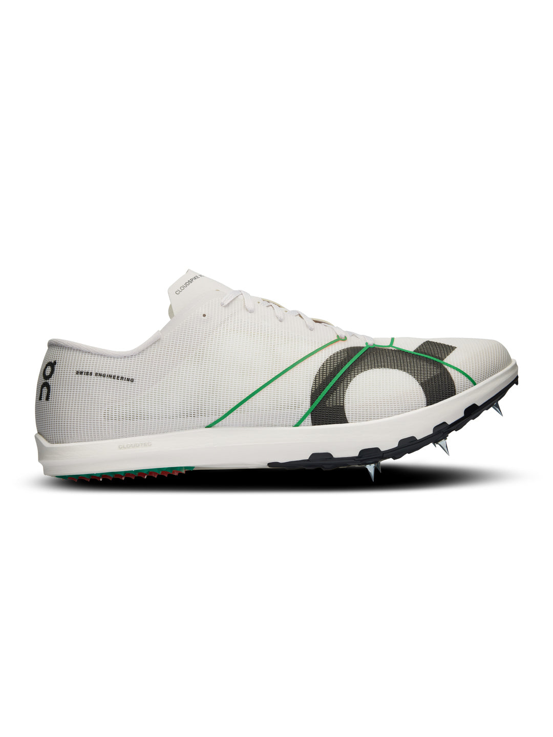 Side view on white background of Womens On Cloudspike XC running shoe in Frost/White, Medium (Regular) width