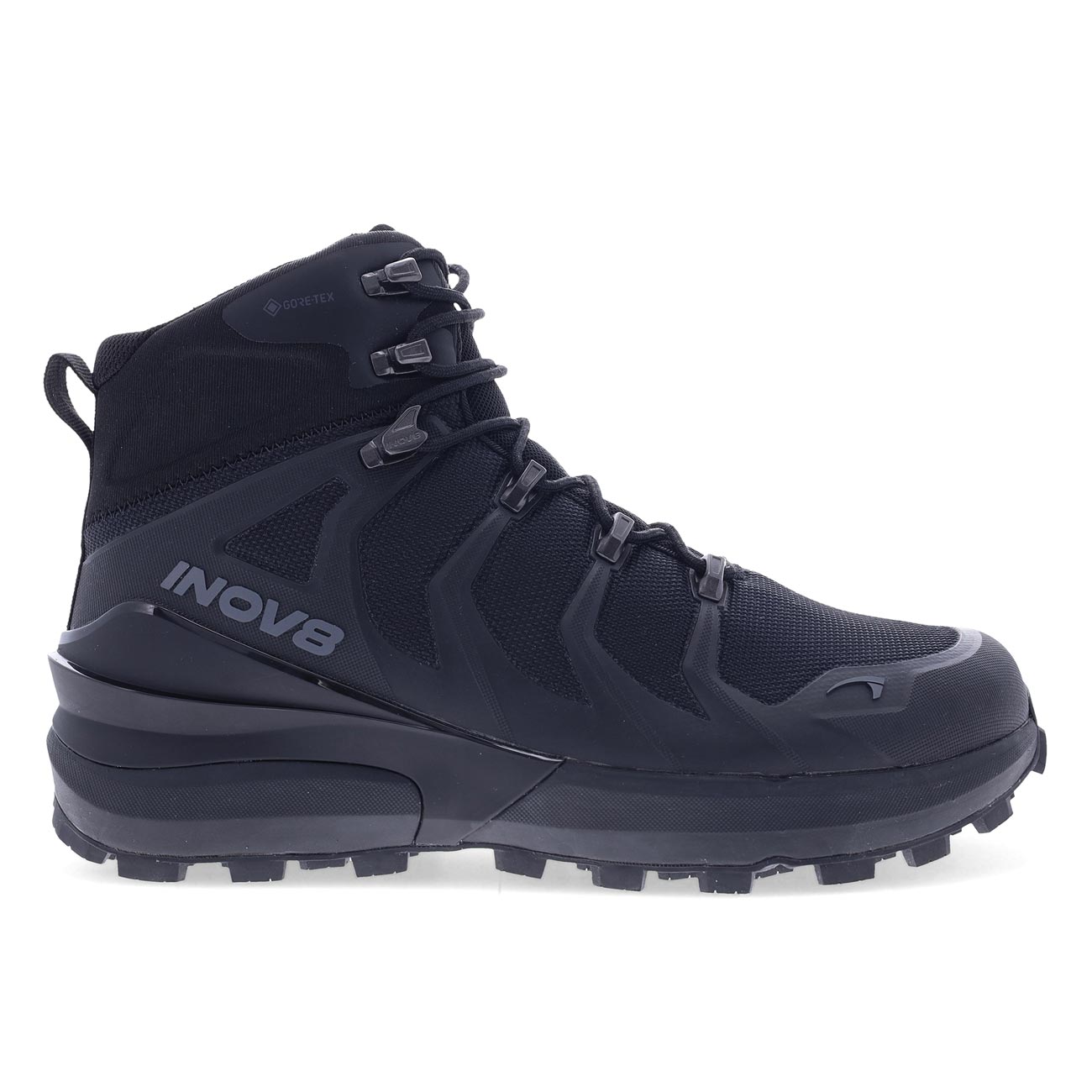 Side view on white background of Womens Inov8 Roclite Pro Mid GTX running shoe in Black, Wide width