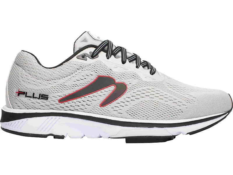 Side view on white background of Mens Newton Running Gravity+ running shoe in Grey/Red, Medium (Regular) width