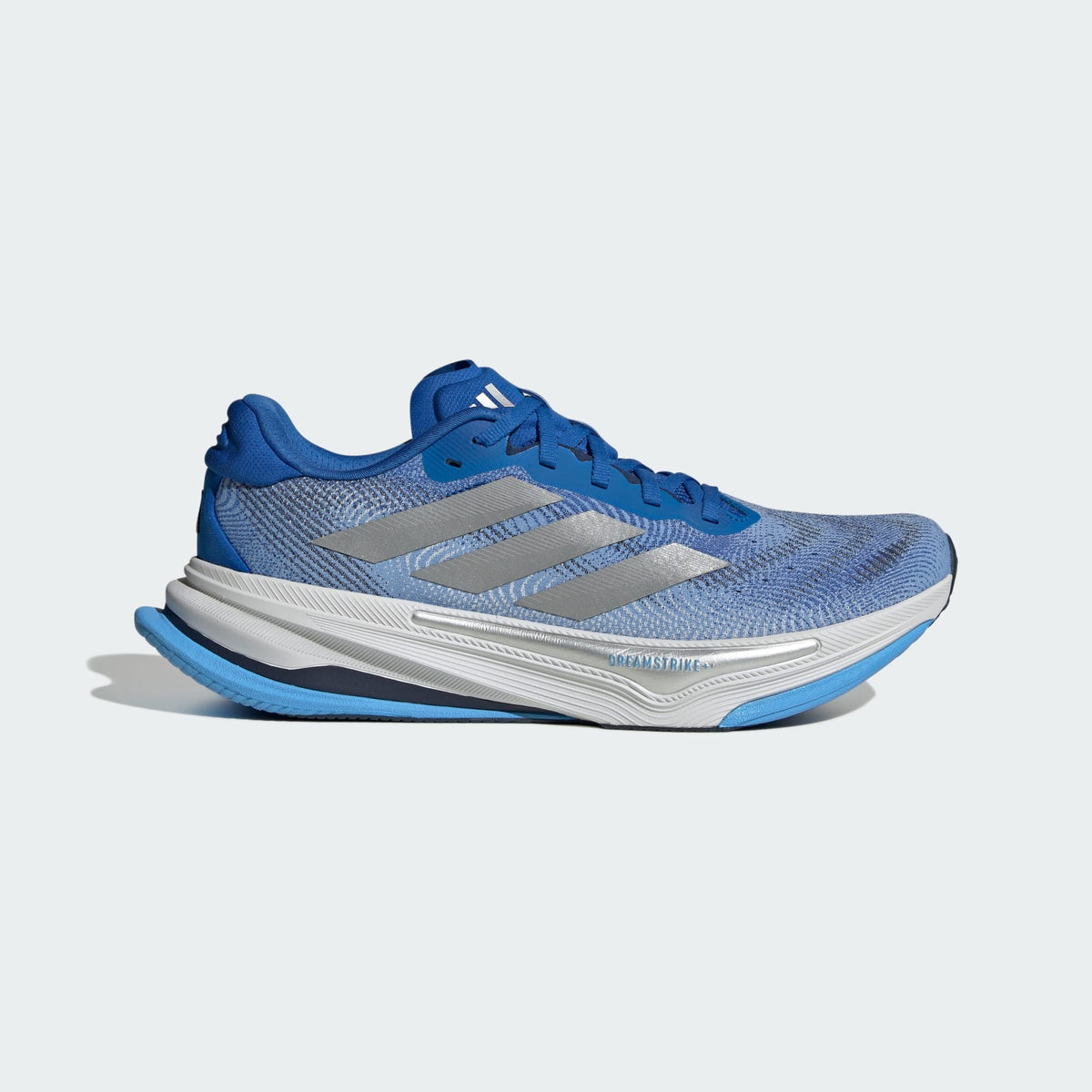 Side view on white background of Mens Adidas Supernova Prima 2 running shoe in Blue/Silver Metallic/Blue Burst, Medium (Regular) width