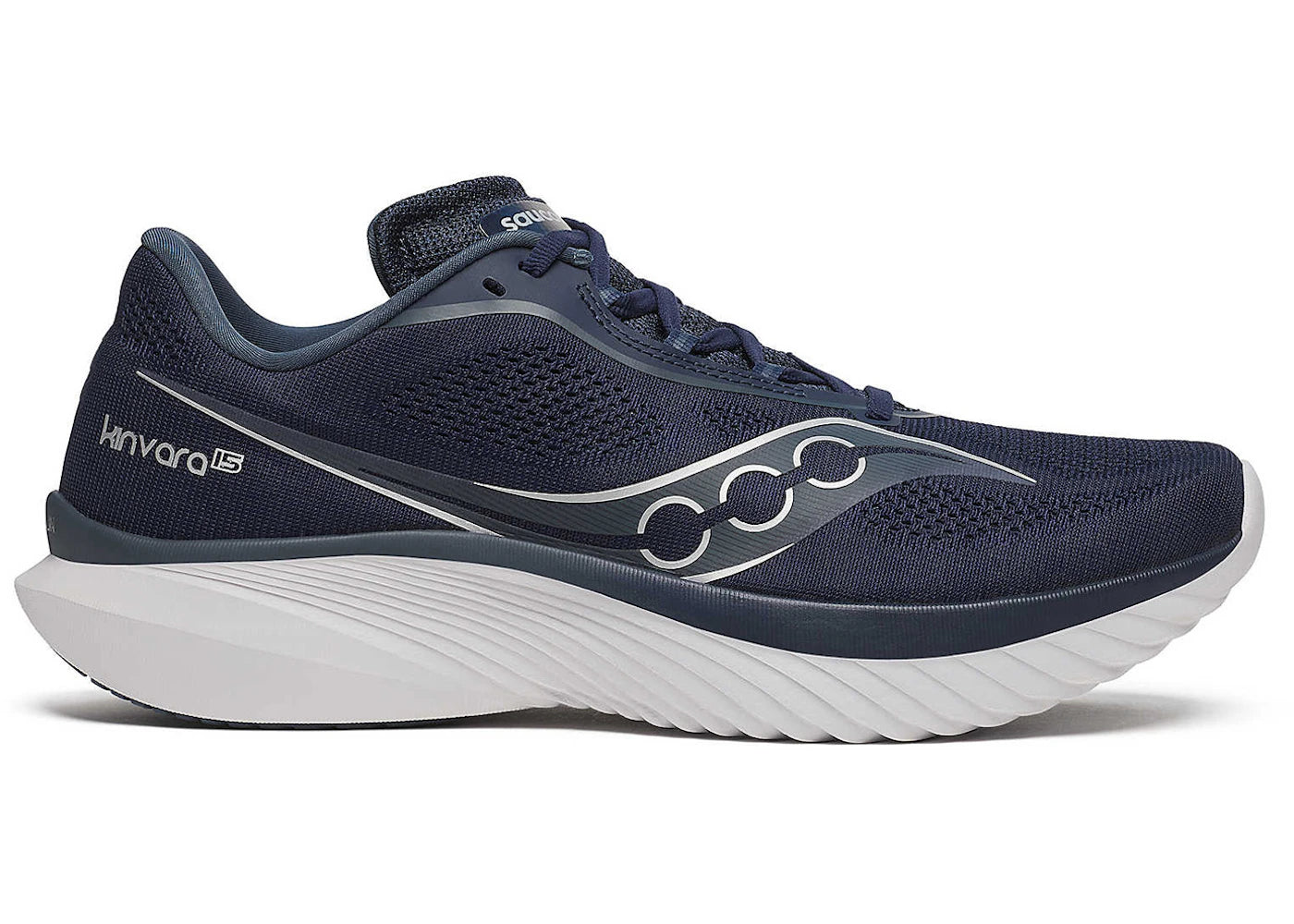 Side view on white background of Mens Saucony Kinvara 15 running shoe in Navy/Silver, Medium (Regular) width