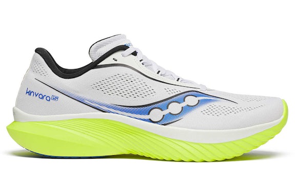 Side view on white background of Mens Saucony Kinvara 15 running shoe in White/Citron, Medium (Regular) width