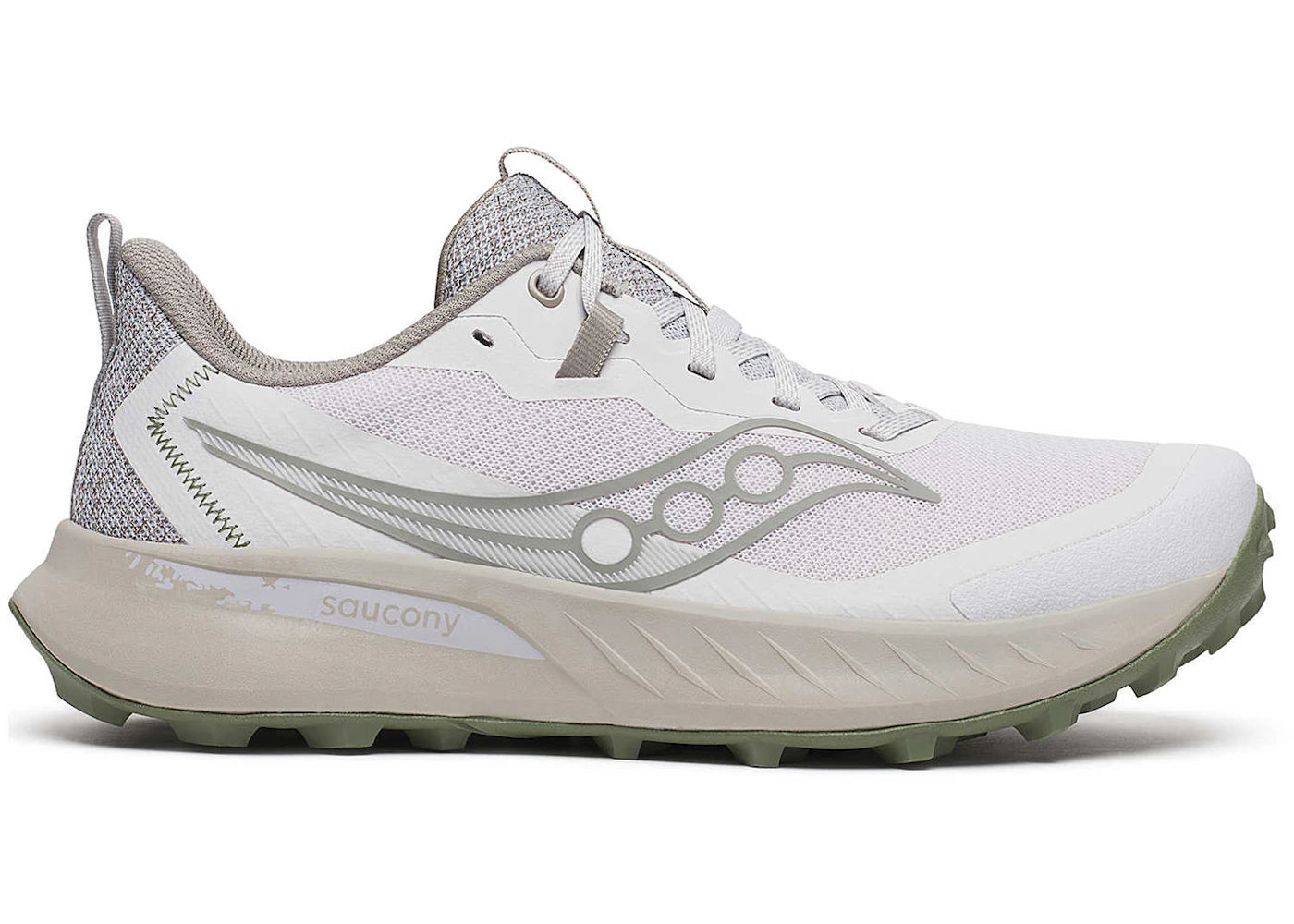 Side view on white background of Mens Saucony Peregrine 15 running shoe in Fog/Ridge, Medium (Regular) width