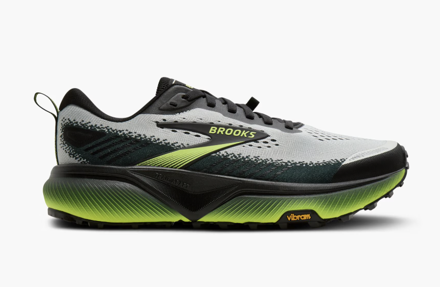 Side view on white background of Mens Brooks Cascadia 20 running shoe in Grey/Black/Nightlife, Medium (Regular) width