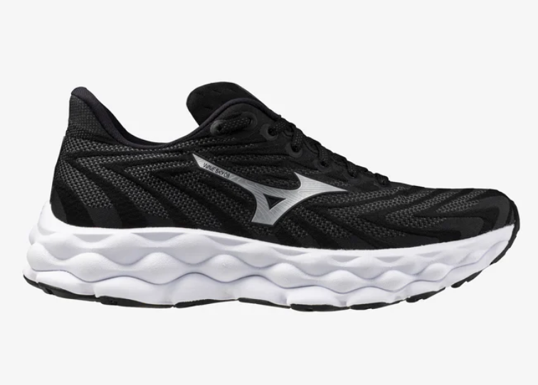 Side view on white background of Womens Mizuno Wave Sky 8 running shoe in Black/White, Wide width