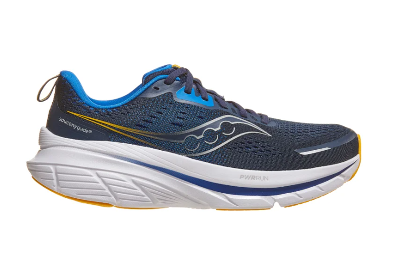 Side view on white background of Mens Saucony Guide 18 running shoe in Black/Lapis, Medium (Regular) width