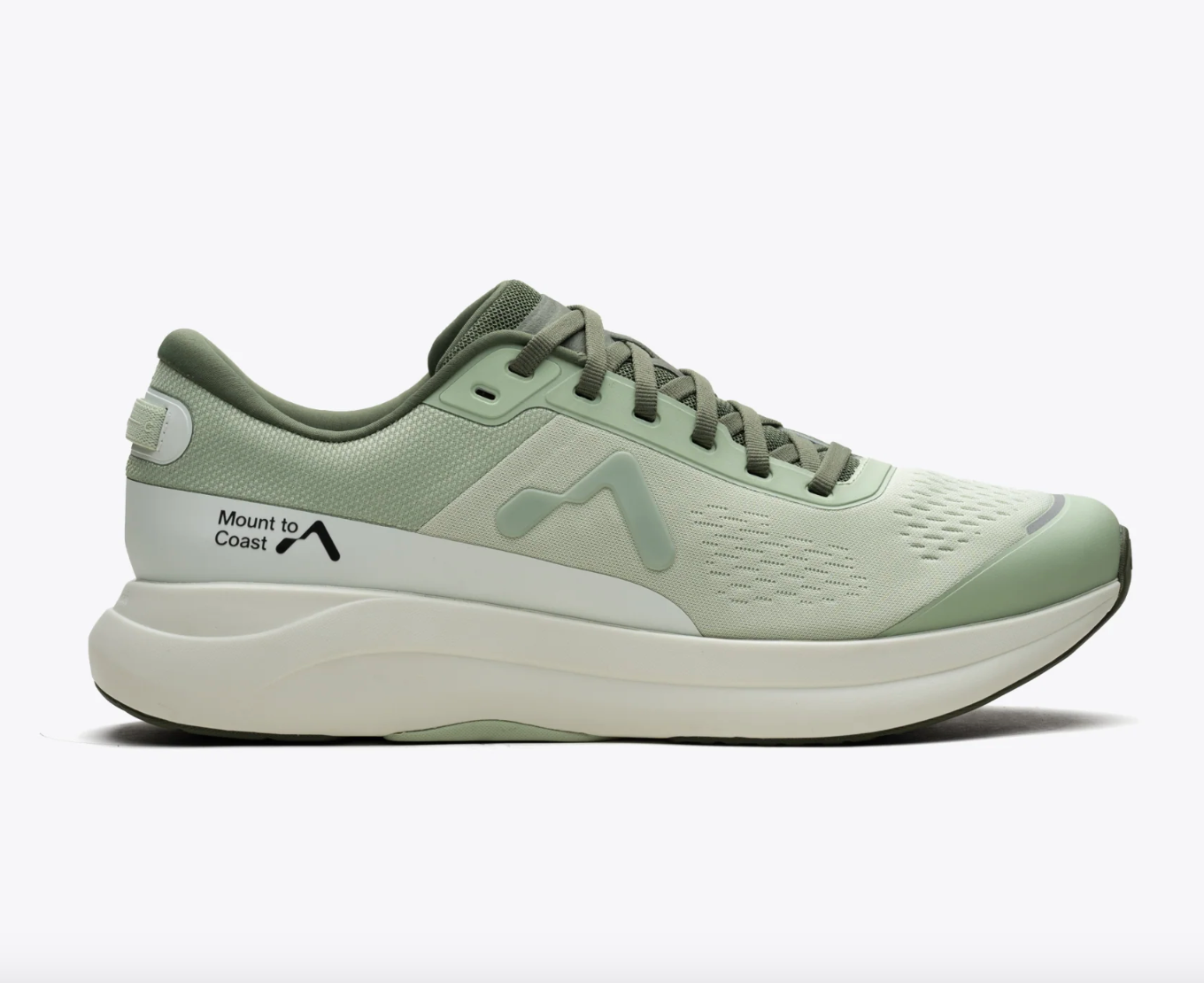 Side view on white background of Mens Mount To Coast P1 running shoe in Agave, Medium (Regular) width
